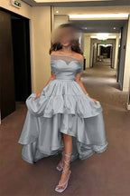 Cocoslly Off-The-Shoulder Sleeveless High Waist Long Prom Dress With Ruffles | Baby Blue Satin ZT0725