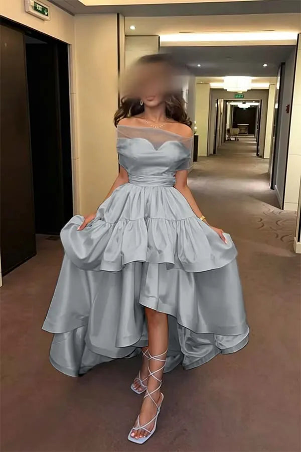 Cocoslly Off-The-Shoulder Sleeveless High Waist Long Prom Dress With Ruffles | Baby Blue Satin ZT0725