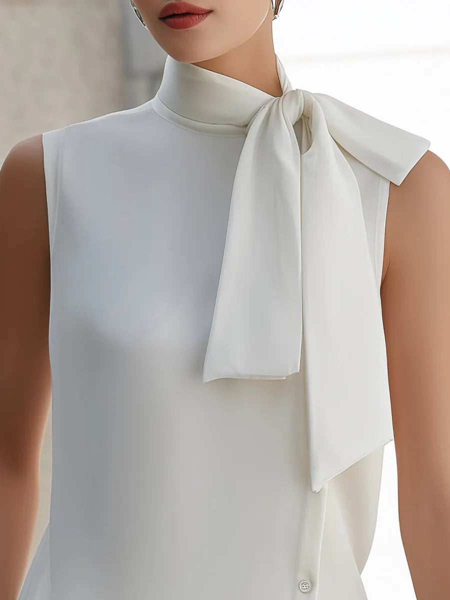 Sleeveless Asymmetric Hem Tie-Neck Blouse