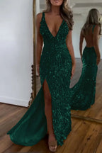 Cocoslly Spaghetti Straps V Neck Sleeveless High Neck Long Prom Dress with Split | Glod Champage  Sequins MS0489