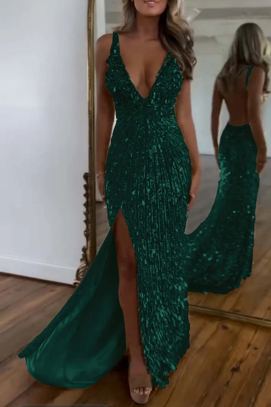 Cocoslly Spaghetti Straps V Neck Sleeveless High Neck Long Prom Dress with Split | Glod Champage  Sequins MS0489