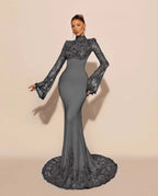 High Neck Lace Long Sleeves Long Mermaid Prom Dress With Pleated YK0572