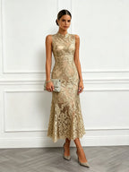 Golden Jacquard Lace Mock Neck Sleeveless Mermaid Midi Dress