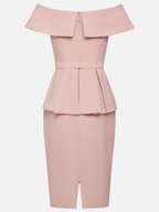 Pink 3D Floral Peplum Off The Shoulder Short Sleeve Sheath Midi Dress