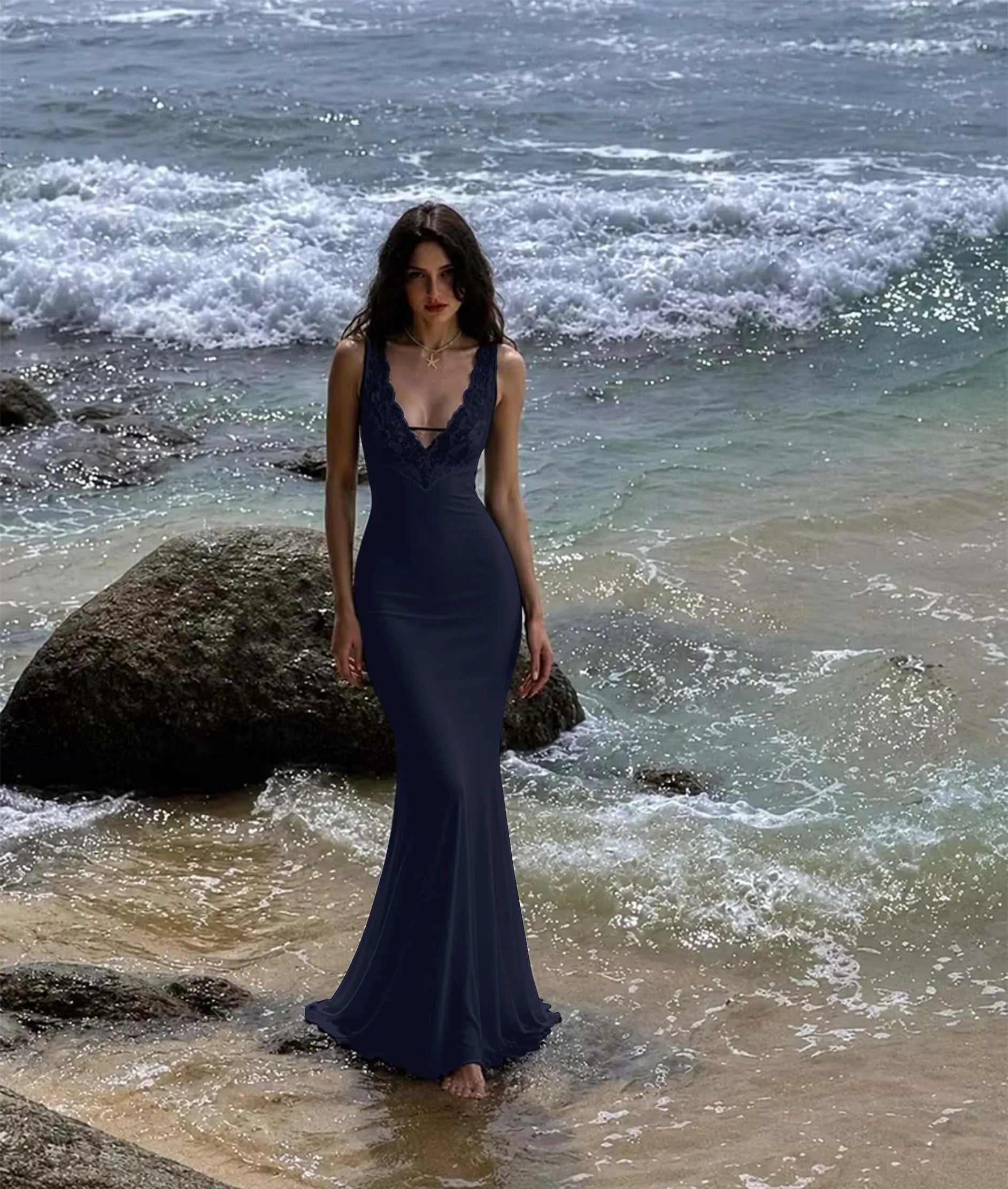 Cocoslly V-Neck Sleeveless High Waist Long Mermaid Prom Dress With Lace | Black Satin LX0099
