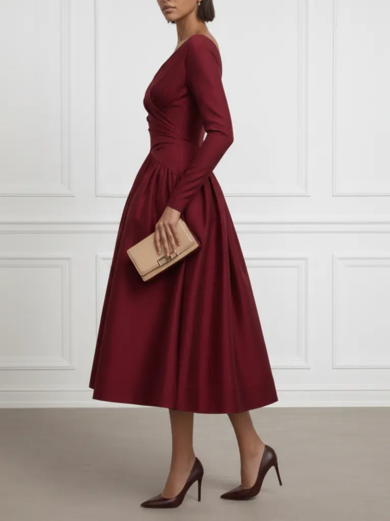 Burgundy Ruched Satin V Neck Long Sleeve A-Line Midi Dress