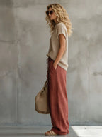 Retro Brick Red Cotton and Linen Wide-leg Pants