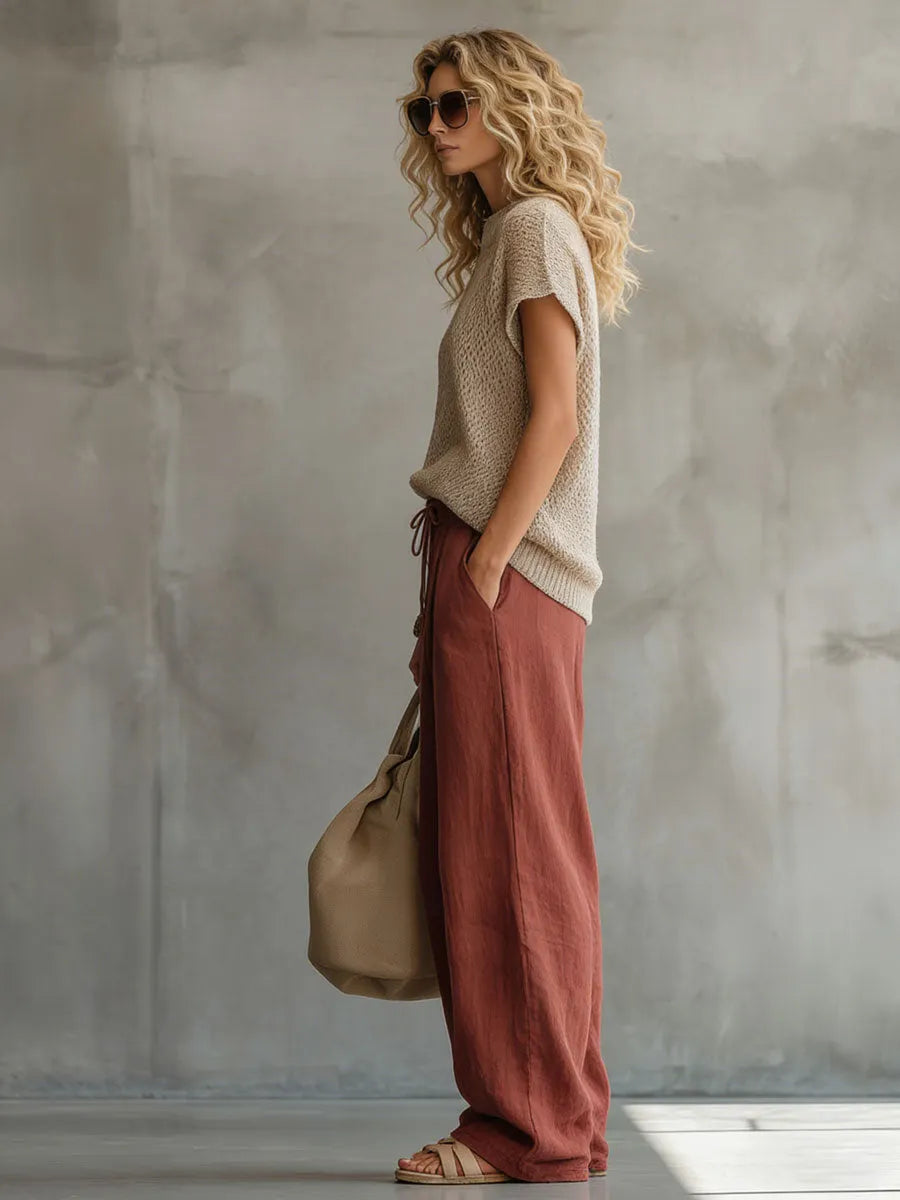 Retro Brick Red Cotton and Linen Wide-leg Pants