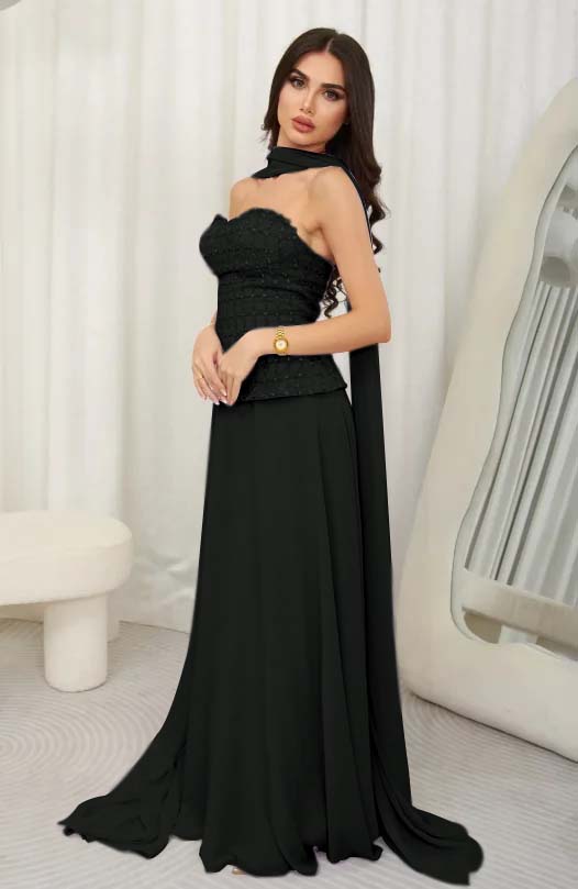 Cocoslly Strapless Sleeveless High Waist Long Prom Dress With Rhinstone And Scarf | Lilac Chiffon JZ0099