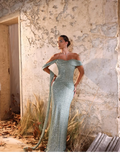 Off-The-Shoulder Strapless Sleeveless Long Pleated Mermaid Prom Dress With Sequins And Ruffle YK0709