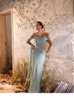 Off-The-Shoulder Strapless Sleeveless Long Pleated Mermaid Prom Dress With Sequins And Ruffle YK0709
