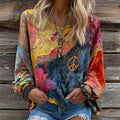 Women's Hippie Style Peace Logo Print Crew Neck T-shirt