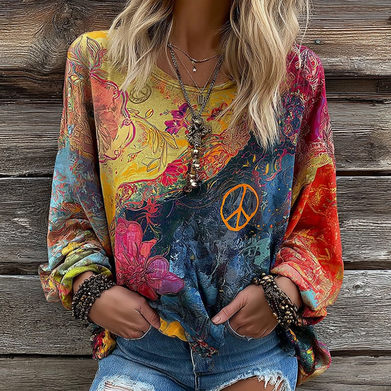 Women's Hippie Style Peace Logo Print Crew Neck T-shirt