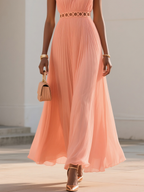 Orange Hollow Out Pleated Chiffon Crew Neck Sleeveless A-Line Maxi Dress