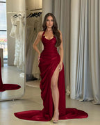 Chic Halter Sleeveless Long High Split Prom Dress With Pleated YK0277