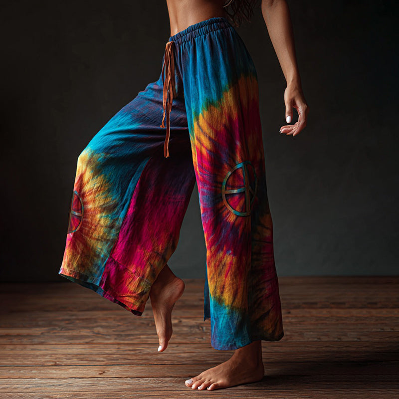 Women's Hippie Rainbow Peace Sunflowers With Tie-dye Pattern Pants