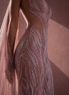 Cocoslly One Shoulder Sleeveless High Waist Long Split Prom Dress With Beading Pearls | Dusty Rose Tulle LX0088