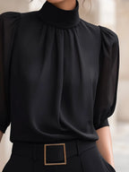 Mock Neck Chiffon Puff Sleeve Blouse
