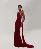 Cocoslly Halter Sleeveless High Waist Long Mermaid Prom Dress With Sequins | Nude Champage Chiffon YK1282