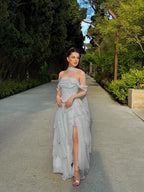 Cocoslly Off-The-Shoulder Sleeveless High Waist Long Split Prom Dress With Ruffles And Scarf | Daffodil Chiffon YK1279