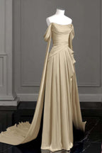 Cocoslly Off-The-Shoulder Pleated Long Prom Dress With Trailing On Both Sides | Purple Satin ZT0580
