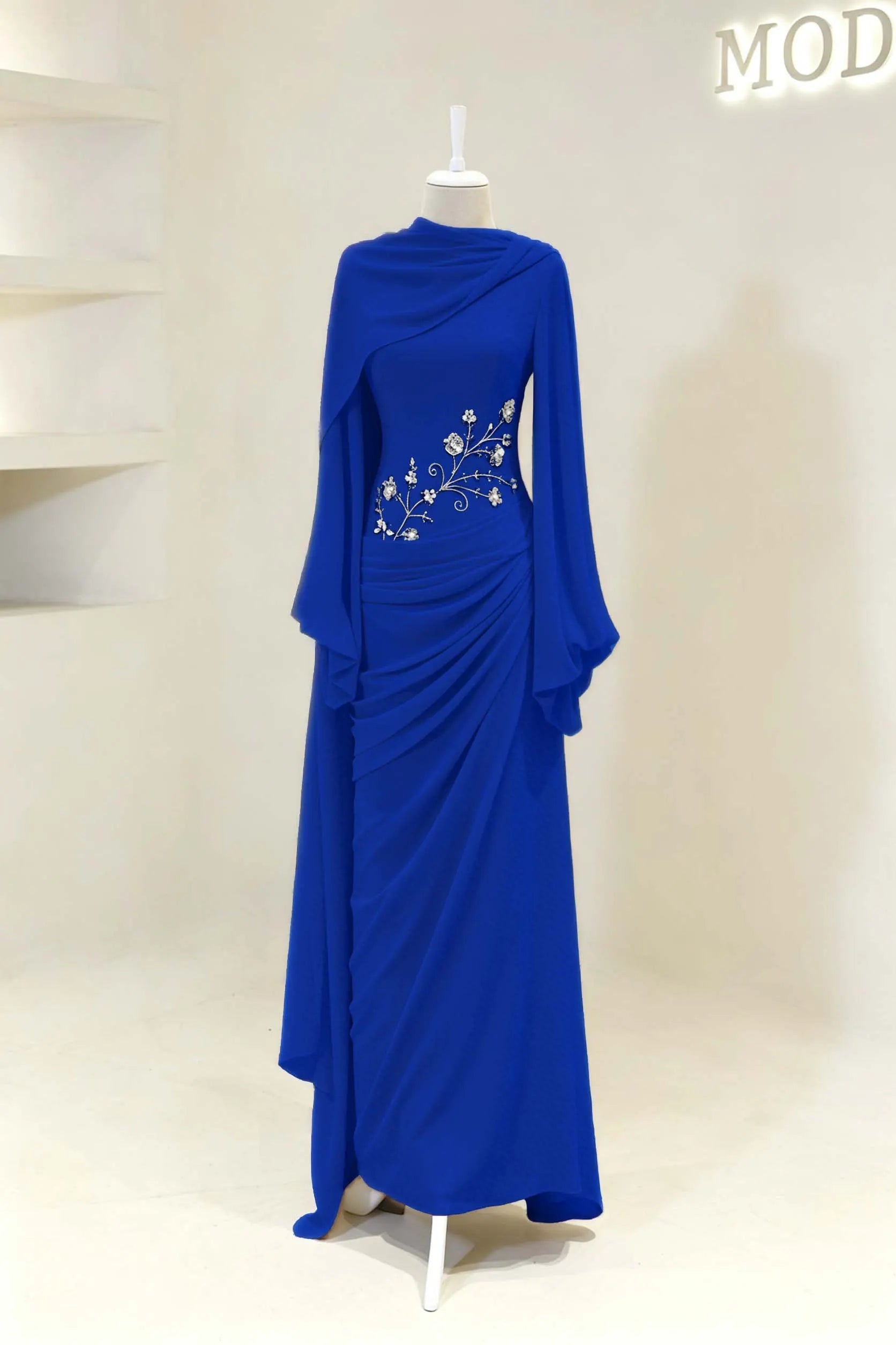 Cocoslly Long Sleeves High Waist Long Prom Dress With Pleated And Beading Pearls | Cabemet Chiffon ZA0710