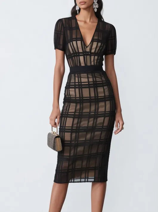 Black Organza Plaid Classic V Neck Short Sleeve Sheath Midi Dress