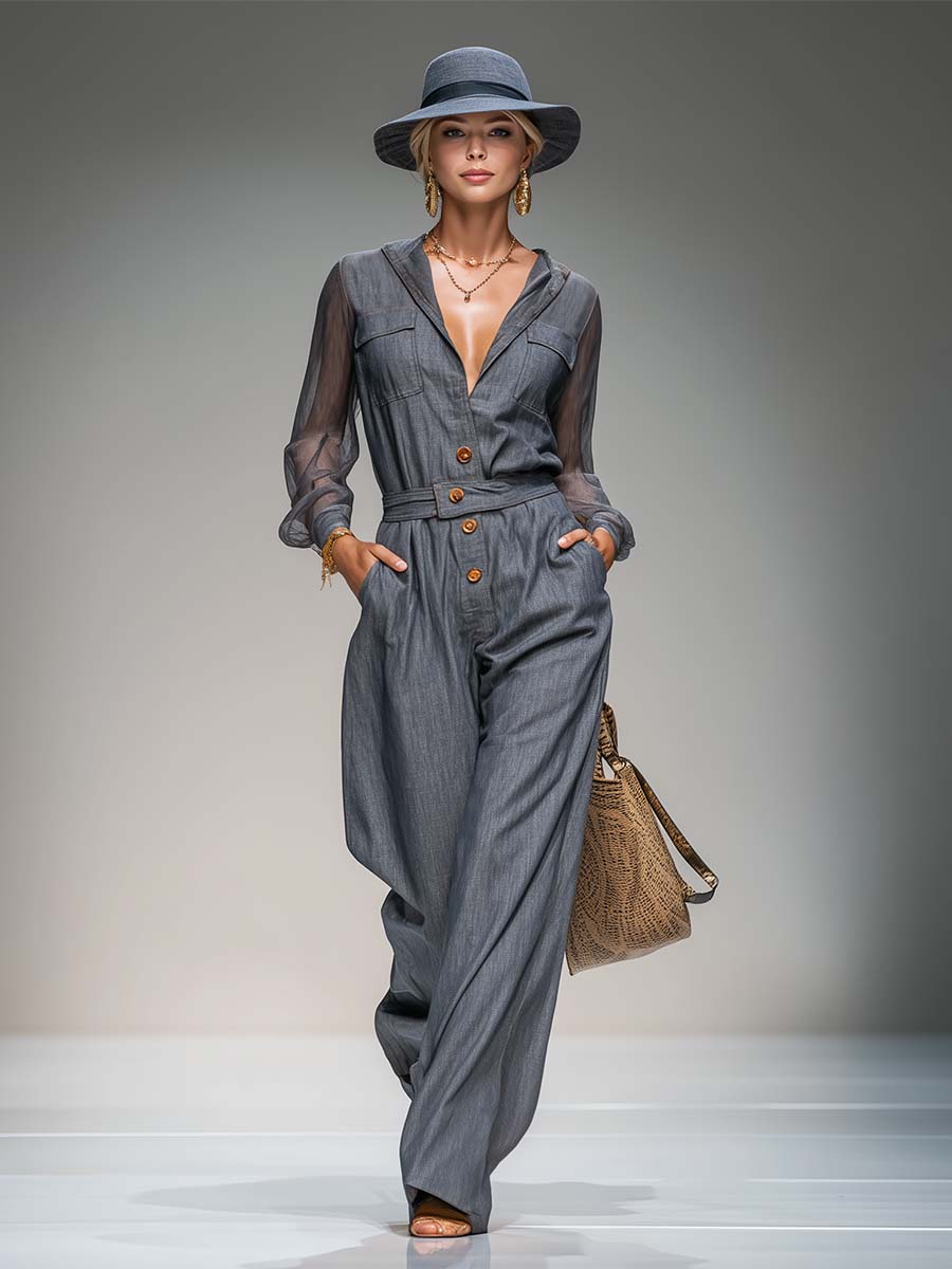 Elegant Utility Grey Tencel-Denim Sheer-Sleeve Button-Front Wide-Leg Jumpsuit