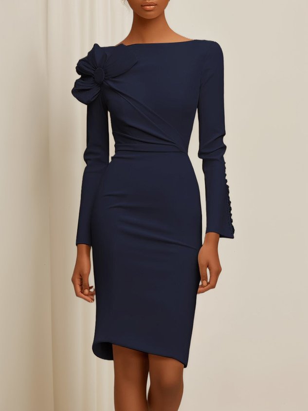 Cream White Bow Long Sleeve Sheath Midi Dress
