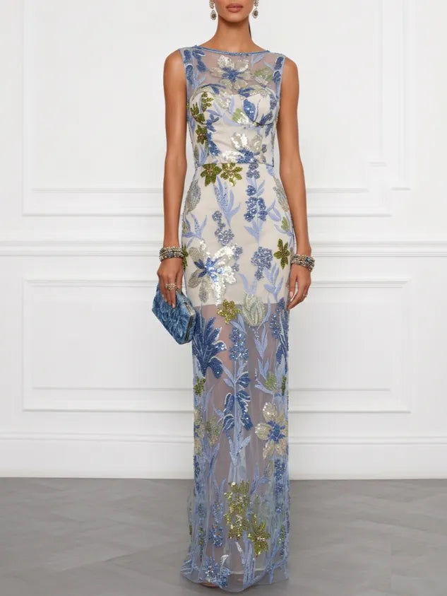 Blue Sequin Embroidery Classic Boat Neck Sleeveless Mermaid Floor-length Gown Dress