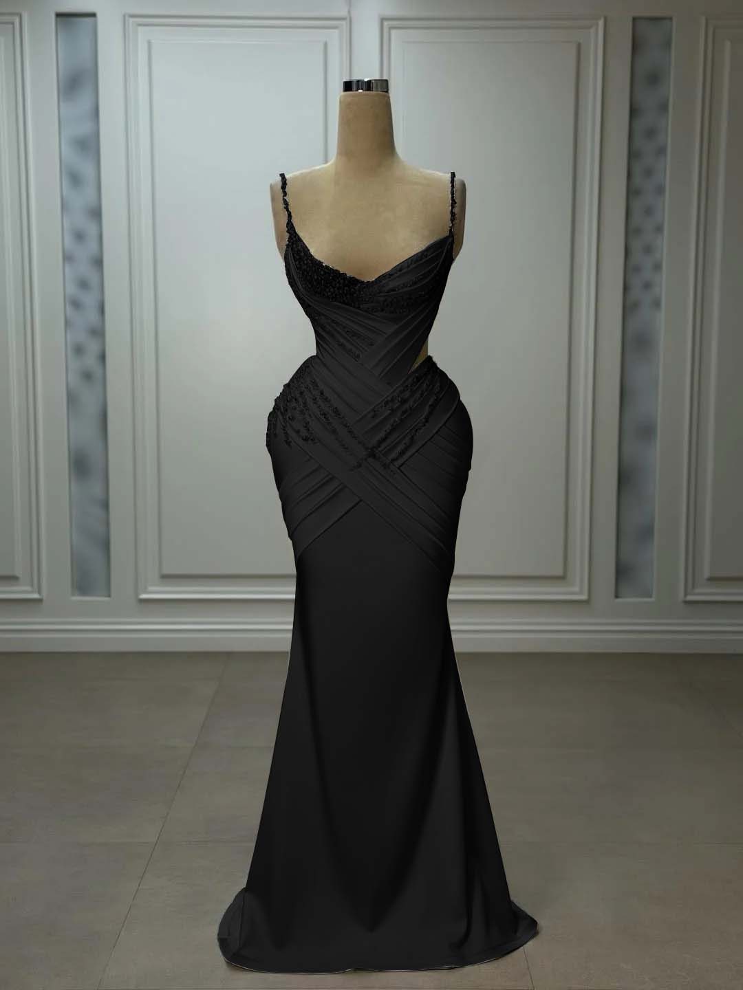 Satin V-Neck Spaghetti Straps Strapless Sleeveless Long Mermaid Prom Dress With Pleated And Beadings YK0743
