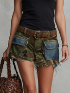 Vintage-style Olive Green Camouflage Denim Workwear Shorts