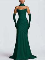 Strapless Sleeveless Long Pleated Mermaid Prom Dress With Ruffles And Gloves YK0718