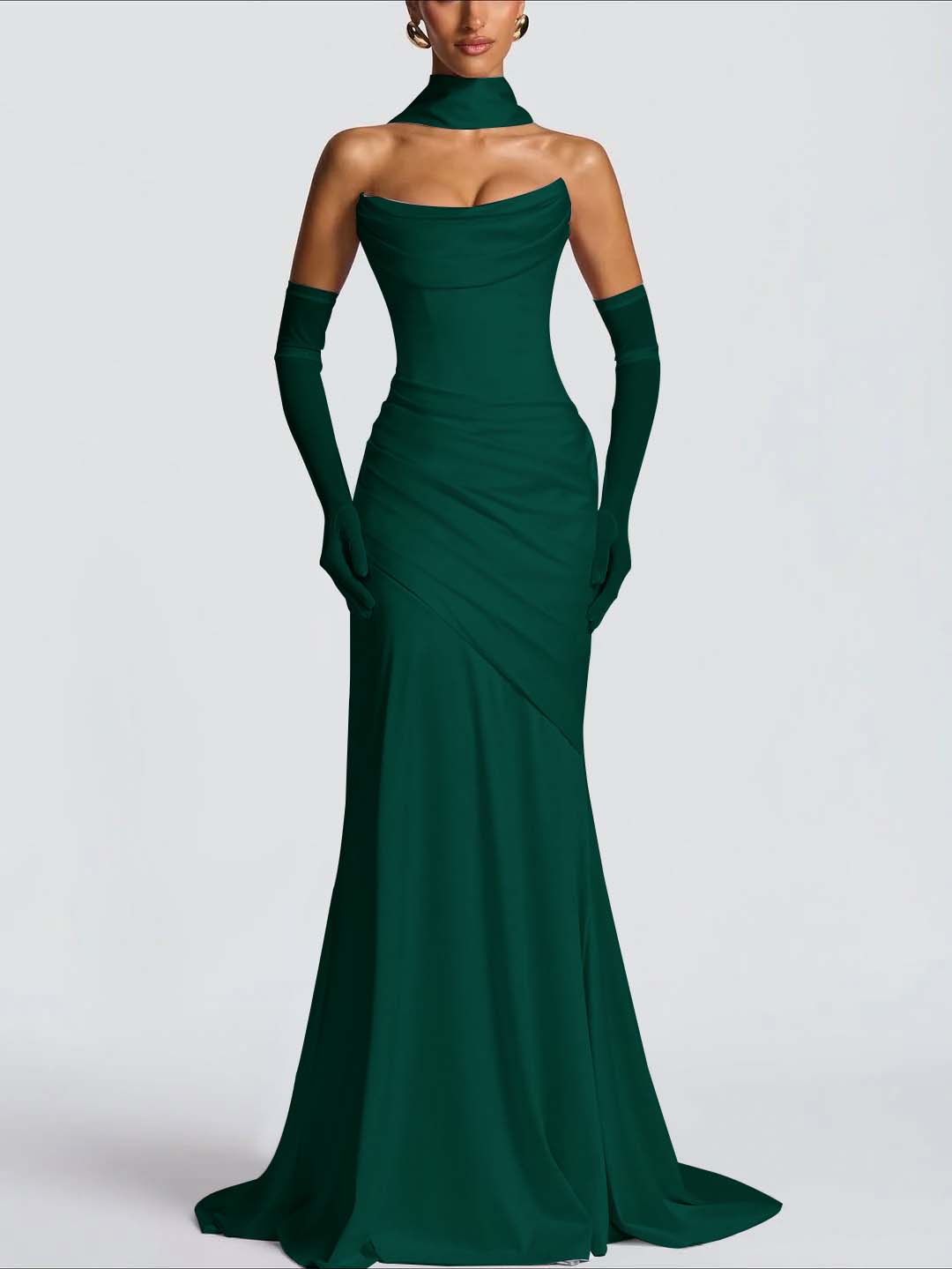 Strapless Sleeveless Long Pleated Mermaid Prom Dress With Ruffles And Gloves YK0718