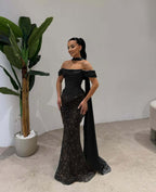 Cocoslly Off-The-Shoulder Long Pleated Mermaid Prom Dress With Beaded-Embroidered And Scarf | Dusty Sage Satin And Tulle ZA0306