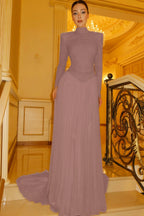 Cocoslly High Neck Long Sleeves High Waist Long Prom Dress With Sequins | Champage Chiffon YC0572