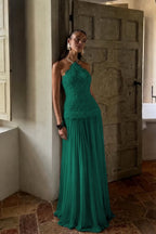 Cocoslly Halter Sleeveless High Waist Long Prom Dress With Appliques | White Chiffon YC0560