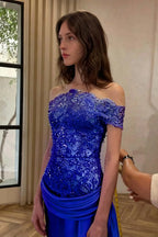 Cocoslly Off-The-Shoulder Sleeveless High Waist Long Prom Dress With Sequins | Ivory Lace And Satin LR0081