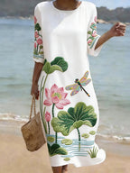 Vintage Lotus And Dragonfly Art Pattern Linen Blend Loose Three-quarter Sleeve Dress
