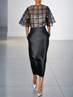 Black Organza Plaid Classic Boat Neck Half Sleeve Dolman Sleeve Sheath Midi Dress