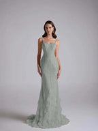 Tulle Sweetheart Spaghetti Straps Sleeveless Long Mermaid Prom Dress With Petals And Sequins YK0668