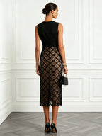 Black 3D Floral Classic Notched Sleeveless Sheath Midi Dress