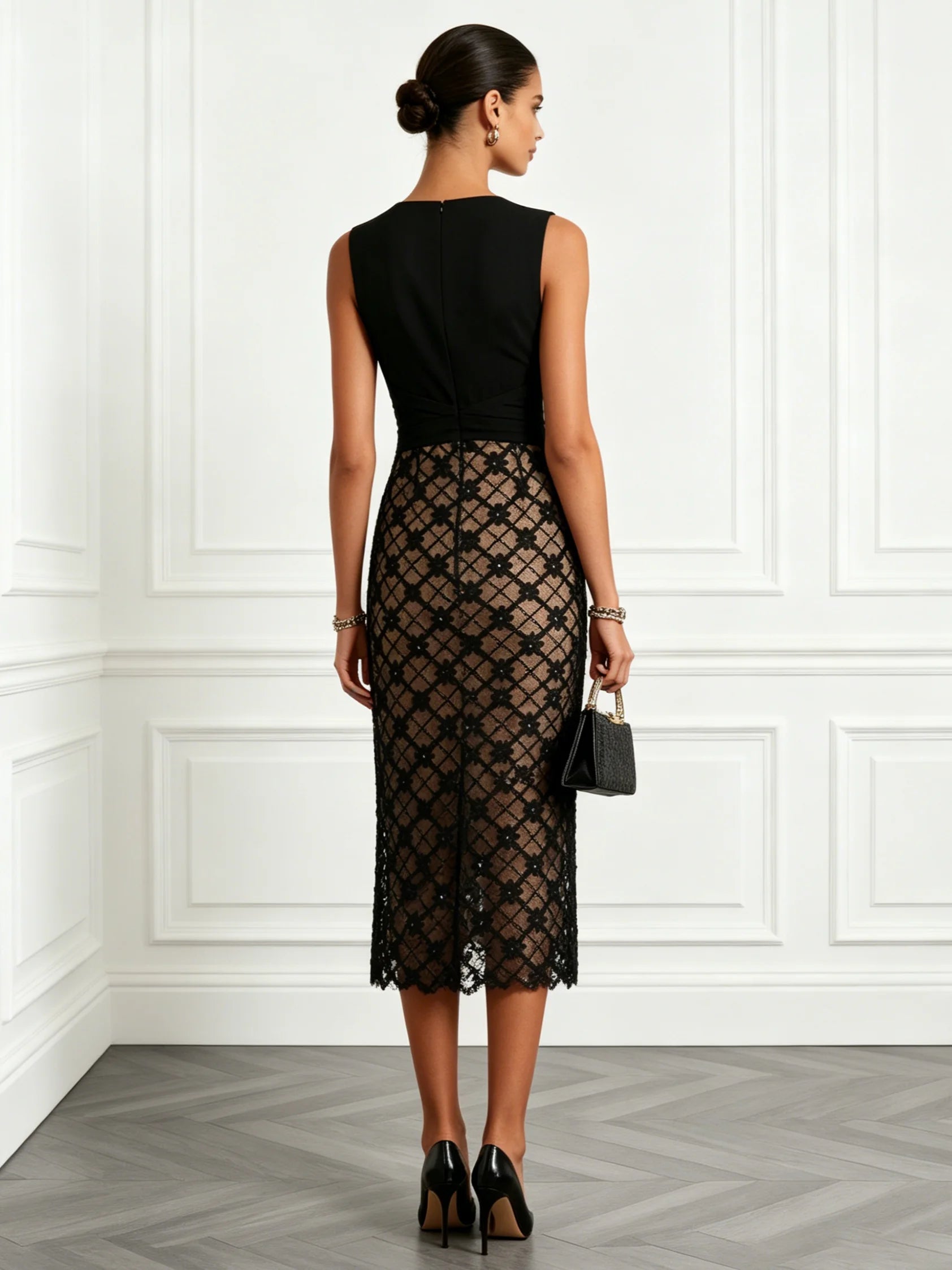 Black 3D Floral Classic Notched Sleeveless Sheath Midi Dress