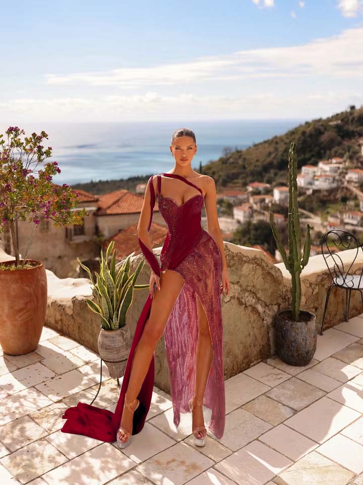 Cocoslly One Shoulder Sleeveless High Waist Long Split Prom Dress With Rhinstone | Silver Chiffon YK1284