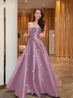 Cocoslly Strapless Sleeveless High Waist Long A Line Prom Dress With Rhinstone | Navy Blue Satin JZ0146