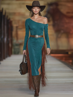 Western Green Faux Suede One-Shoulder Slit Patchwork Tassel Midi Dress