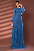 Chiffon Jewel Neck Long Sleeves Long Prom Dress With Pleated WQ0258