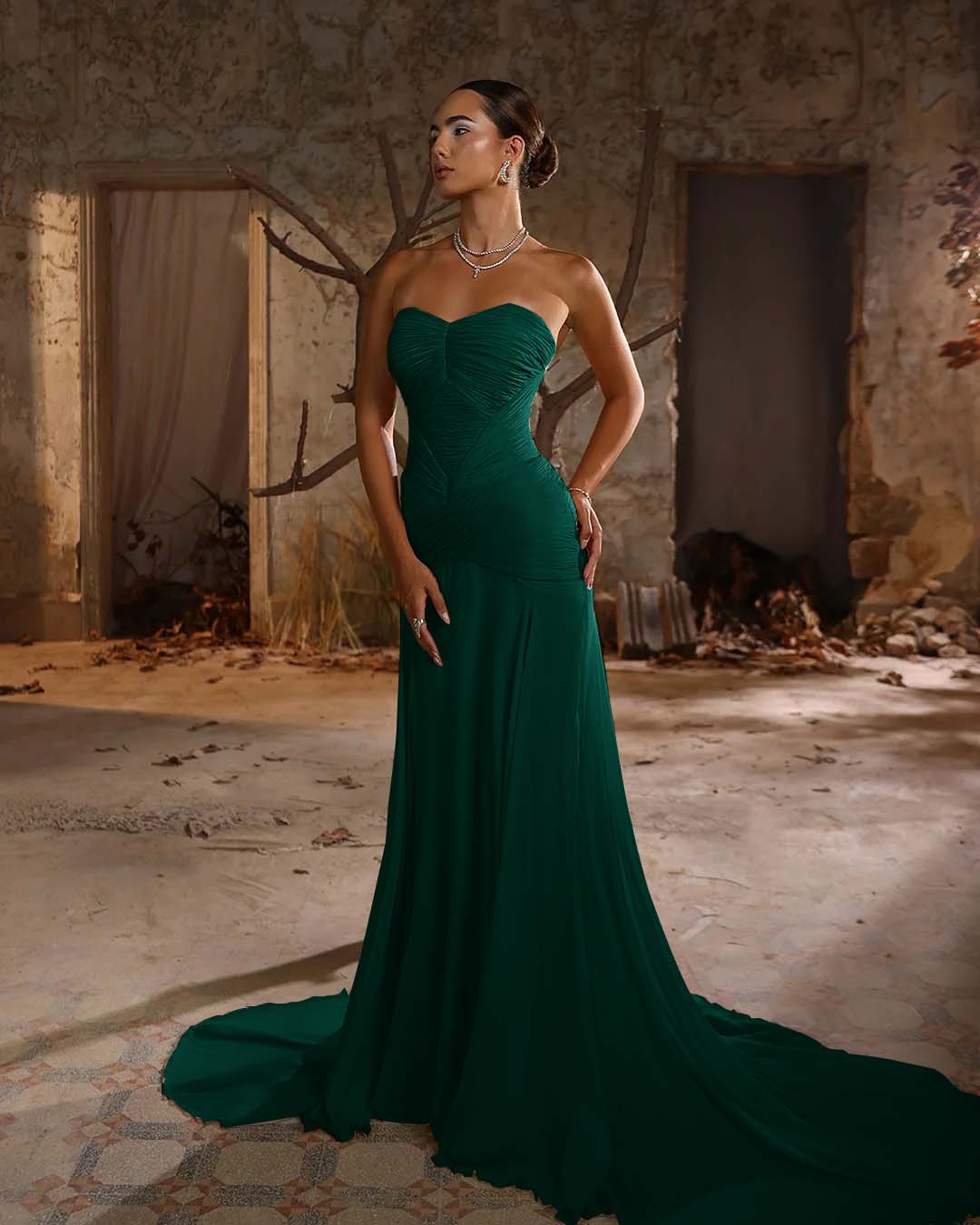 Chiffon Sweetheart Strapless Sleeveless Long Mermaid Prom Dress With Ruffles And Pleated YK0705