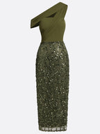 Olive Green Glitter Sequin Asymmetrical Sleeveless Sheath Maxi Dress