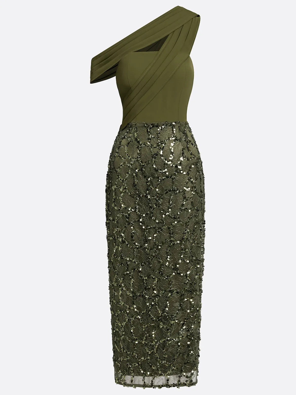 Olive Green Glitter Sequin Asymmetrical Sleeveless Sheath Maxi Dress